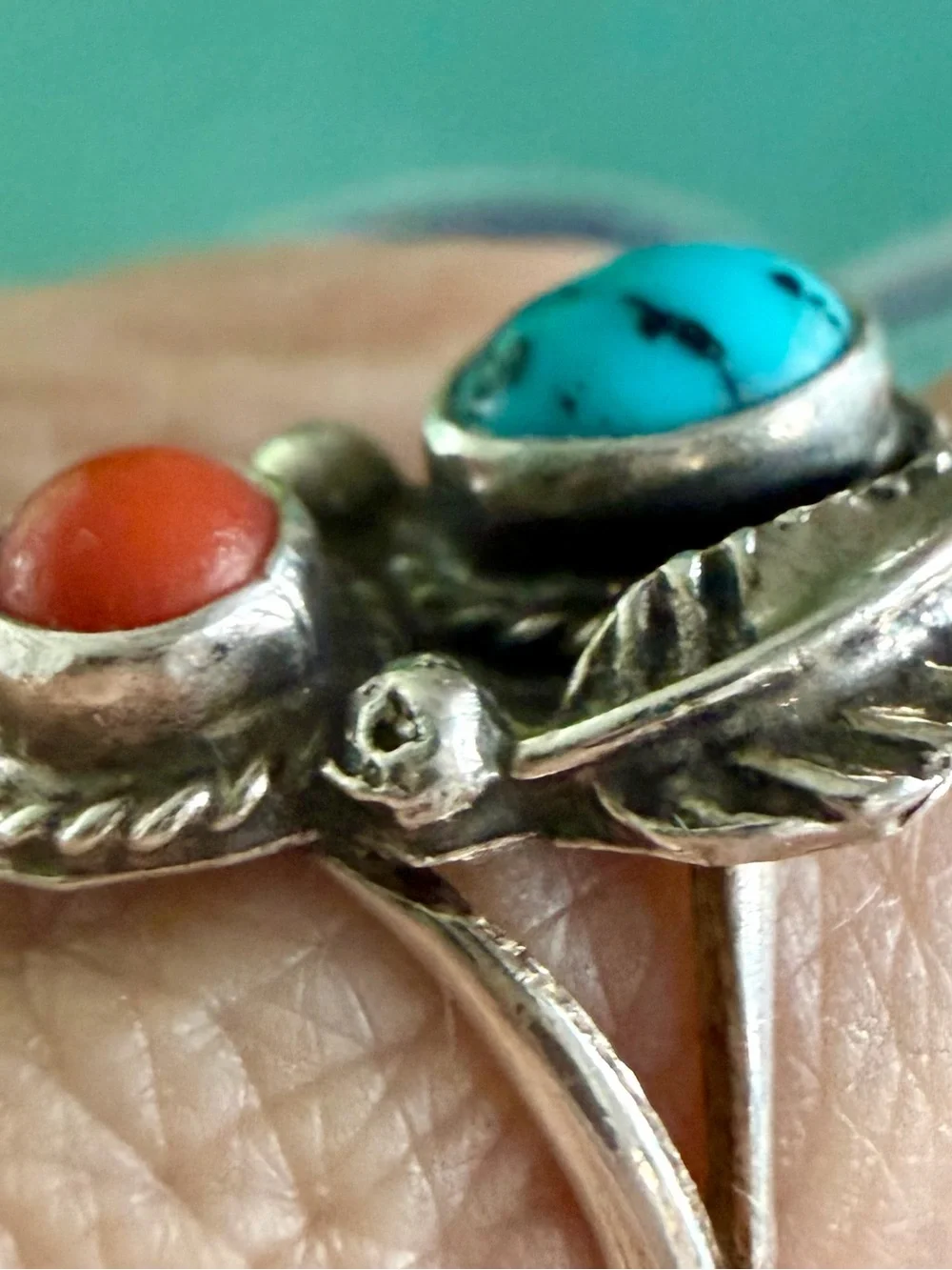 Vintage 1970’s Handmade Navajo Sterling Turquoise Coral Ring Sz 7